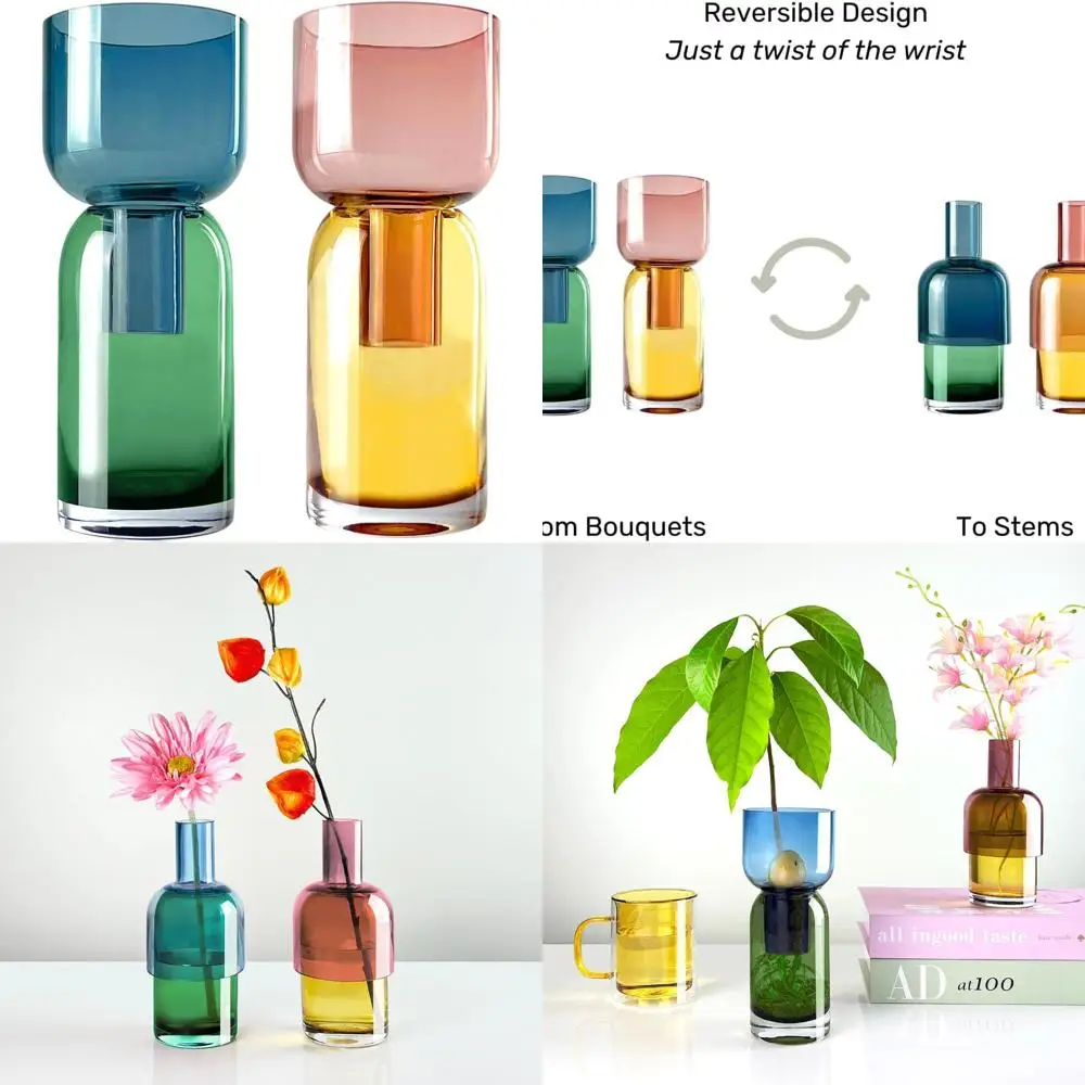 

Dual-Tone Glass Vase Pair: Blue & Green, Pink & Yellow - Versatile Decor for Home, Weddings, and Events