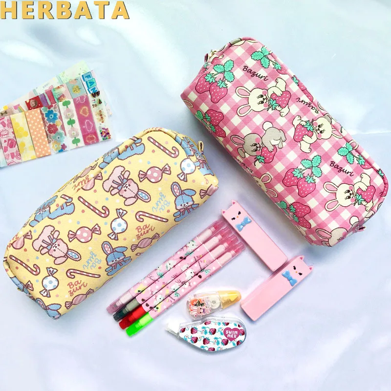 cute girl heart strawberry print pencil bag large capacity elementary junior high school student pencil case storage bag CL19129