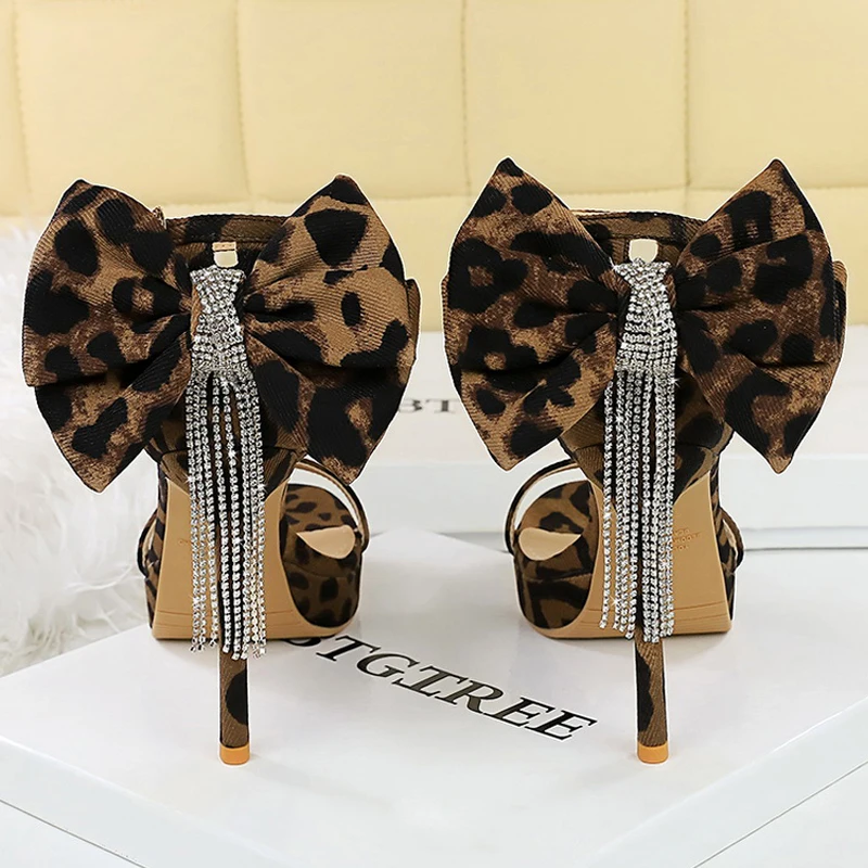 BIGTREE Shoes Leopard Suede Heeled Sandals Women Shoes Peep Toe High Heels Stiletto 11 cm Bow Rhinestone Chain Ladies Shoes New
