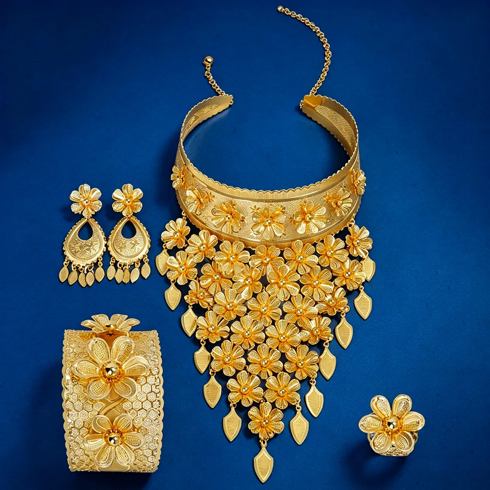 Luxury 24K 9999 Pure Gold real gold Middle East Dubai Bride Flower Necklace Earrings Bracelet Ring Set
