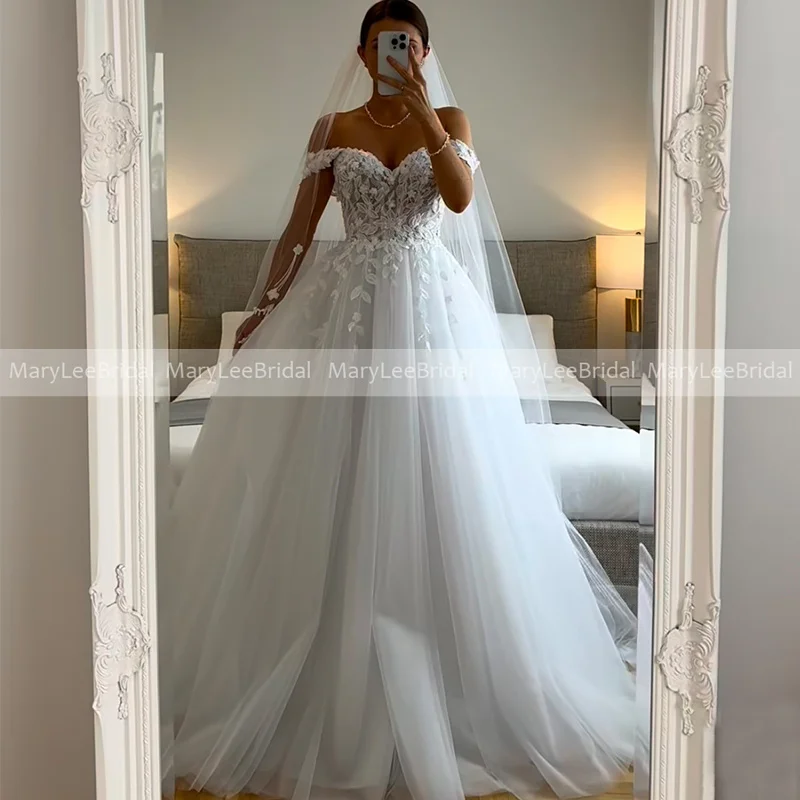 

Белое свадебное платье по индивидуальному заказу с открытыми плечами, трапециевидное свадебное платье с аппликацией, гражданское платье невесты в полный рост, платья de novia