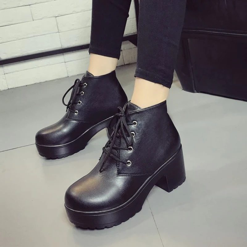 

Women's Boots Fashion Casual Leather Boots Thick Heeled Platform Booties Classic Lace Up Ankle Boot High Heels Boots for Woman