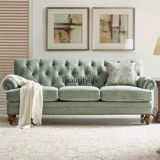 

American light luxury solid wood sofa modern classic fresh blue fabric three people single person
