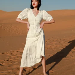 GypsyLady Fairy White Lace Maxi Dress Elagant Chic Patchwork Women Dress Hollow Out Puff Sleeve Summer Ladies Hippie Dress