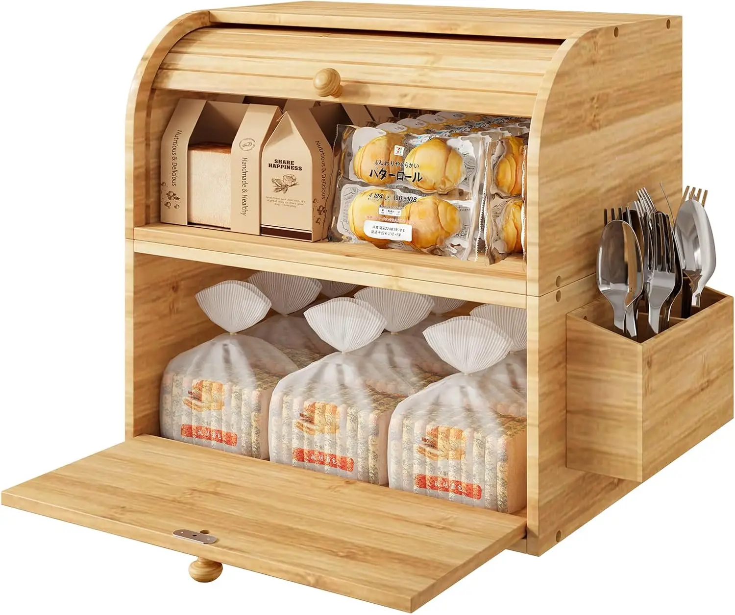 

Natural Bamboo 2 Layer Large Bread Box for Kitchen Counter Wood Bread Storage Container - Can Use as 2 Individual Bread Bin