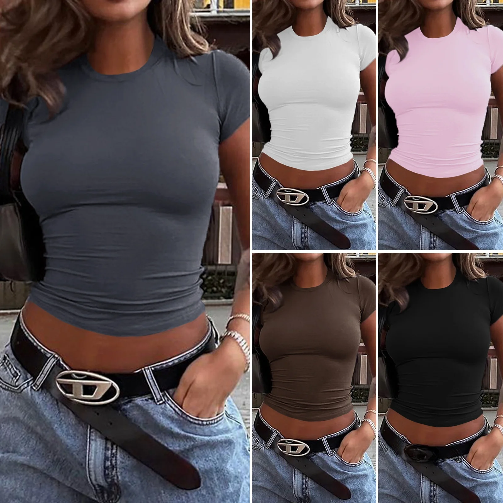 

Women's Color Blo Slim Fit ort Sve T-irt round Ne Casual Top Waist Design Faionable Ladies' Tee