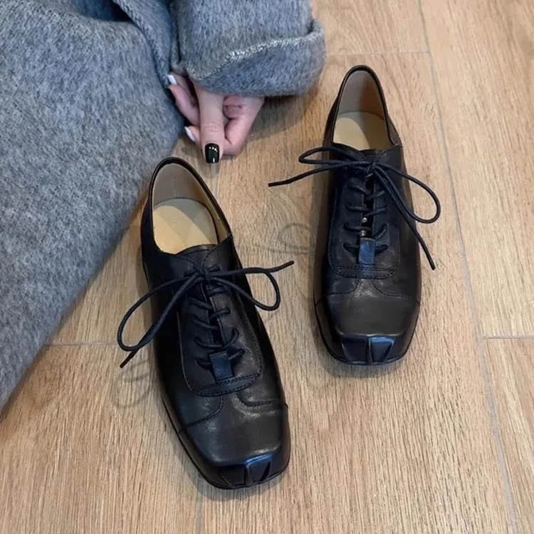 

Женские туфли из натуральной кожи в стиле ретро с квадратным носком на шнуровке, черные, коричневые, на мягкой подошве, женские лоферы в британском стиле