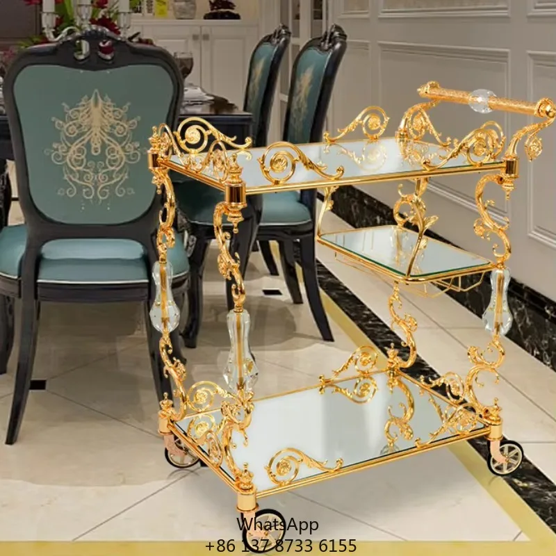 

Elegant Restaurant Trolley Art Wedding Decoration Luxury Light Dining Cart Golden Copper Hotel Trolley