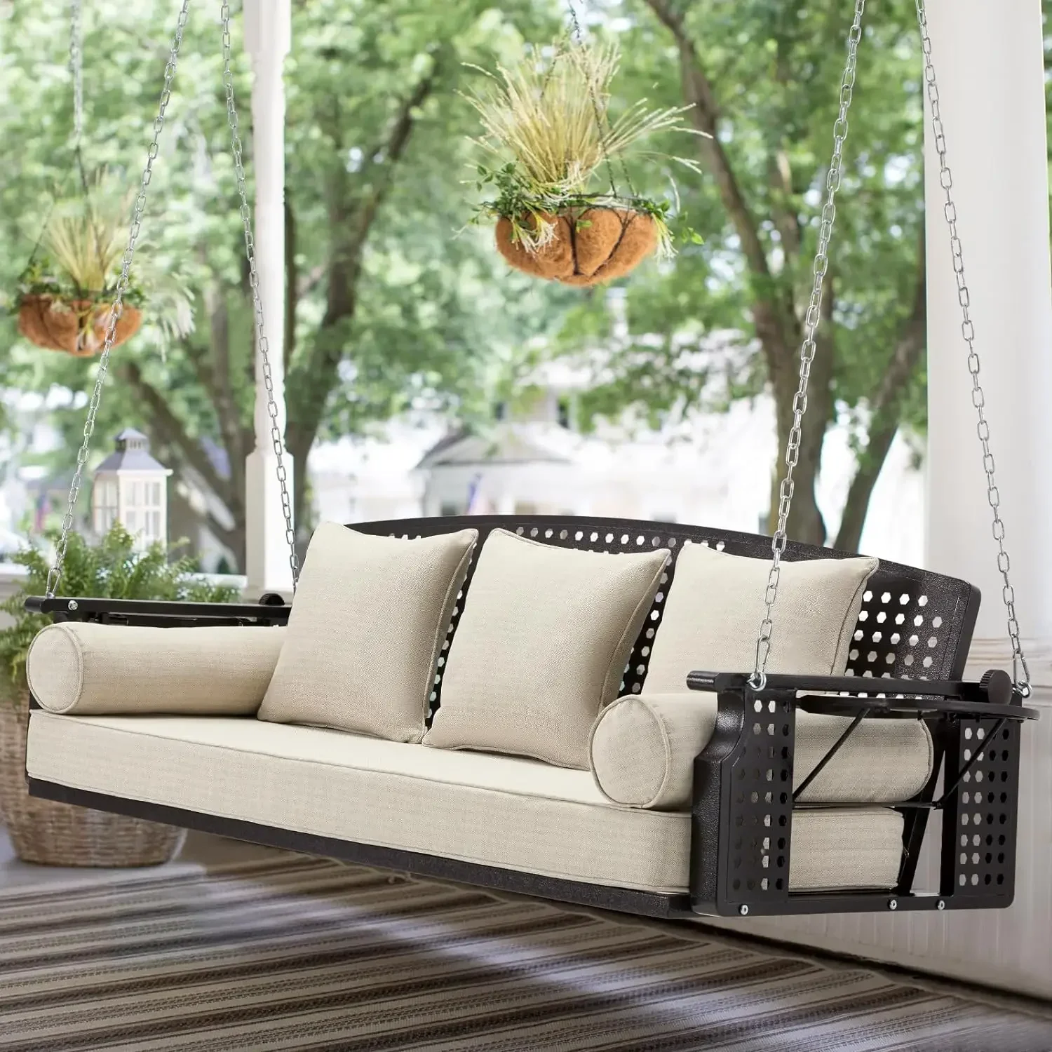 3 Seat Hanging Porch Swing, Patio Swing Bench with Tea Trays & 3 Back Cushions, Swing Chair with Chains for Deck Garden Backyard