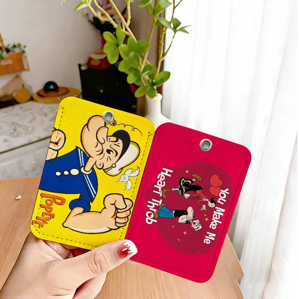 Classic P-Popeye Comics Rectangle ID Card Case Keychain Access Card Bag Key Tag Ring Leather Card Holder Key Ring Access