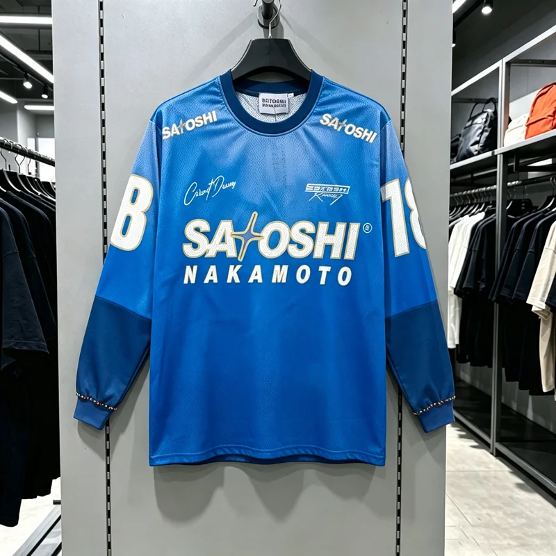 Mesh SATOSHI NAKAMOTO Racing Digit 18 Print Splic Embroidery Beading T Shirt Men Women Loose Quick Dry  Breathe Long Sleeve Tops