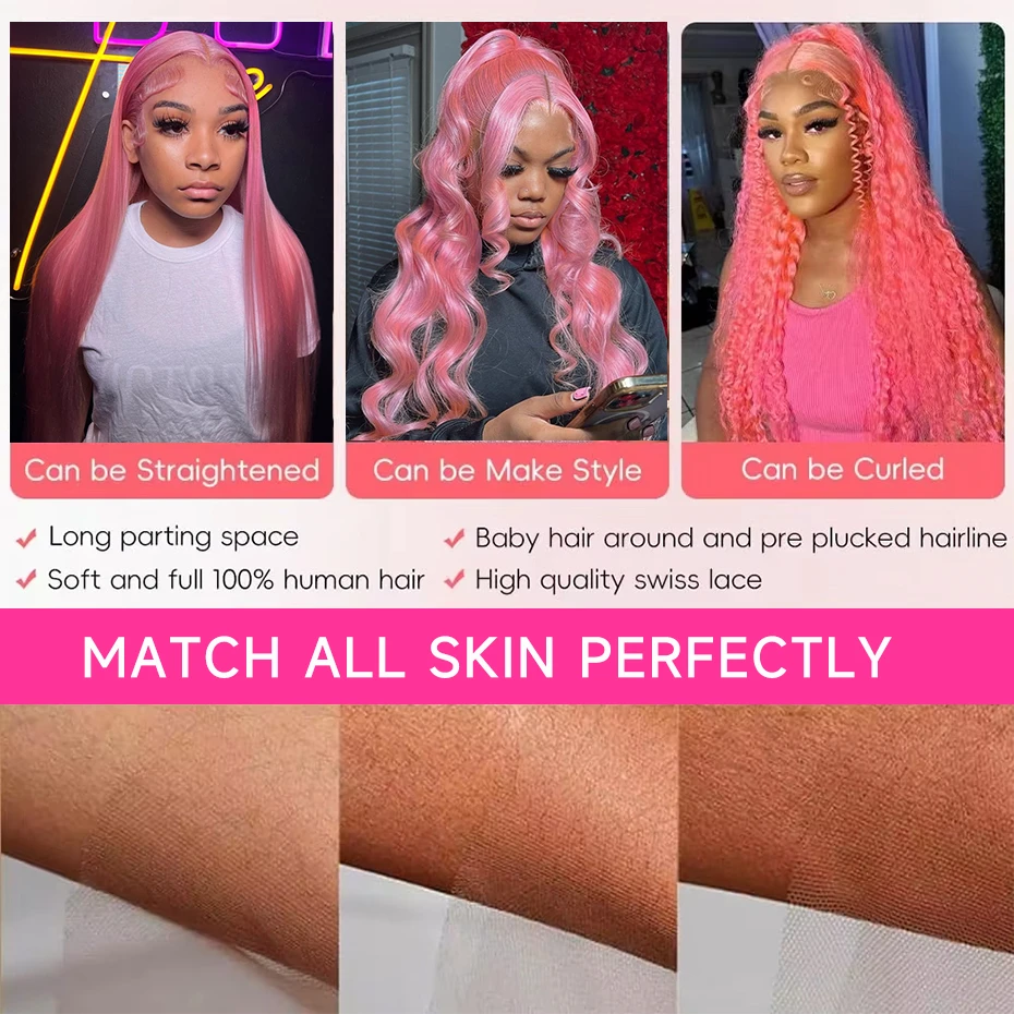 36 40 Inch Pink Colored Human Hair Wigs For Women Hd Transparent 13x6 Lace Frontal Wig Preplucked Remy Flesh Pink Lace Front Wig - Image 5