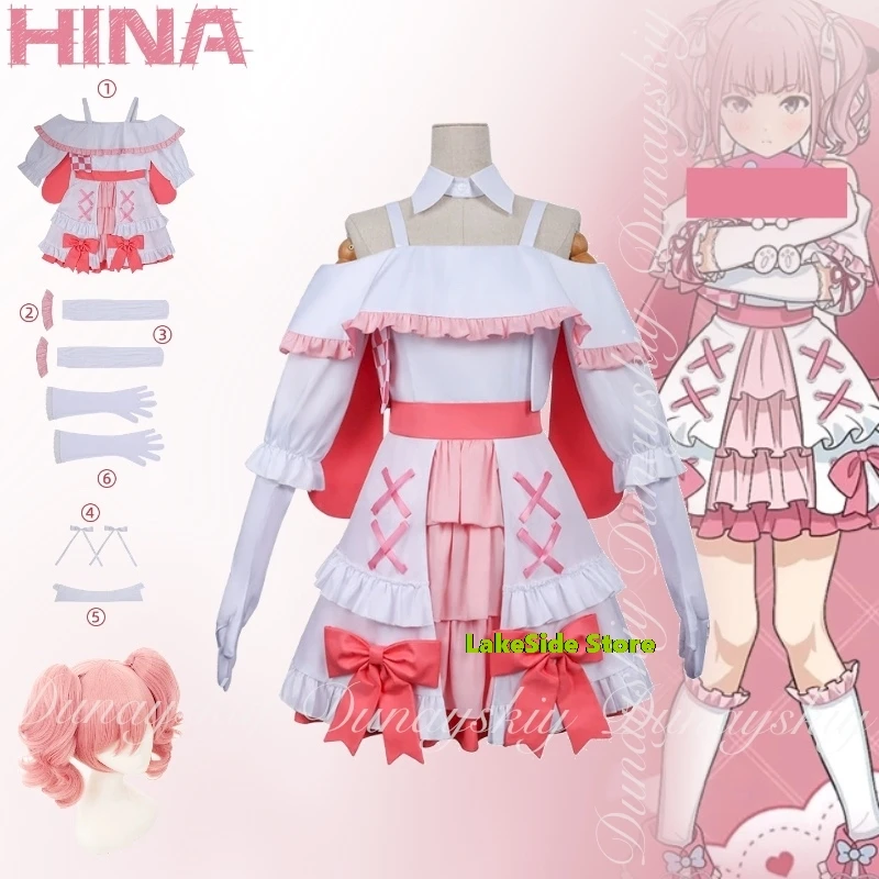 

GIRLS BAND CRY Anime Hina Cosplay White Pink Dress Double Ponytail Wig All Set Costume