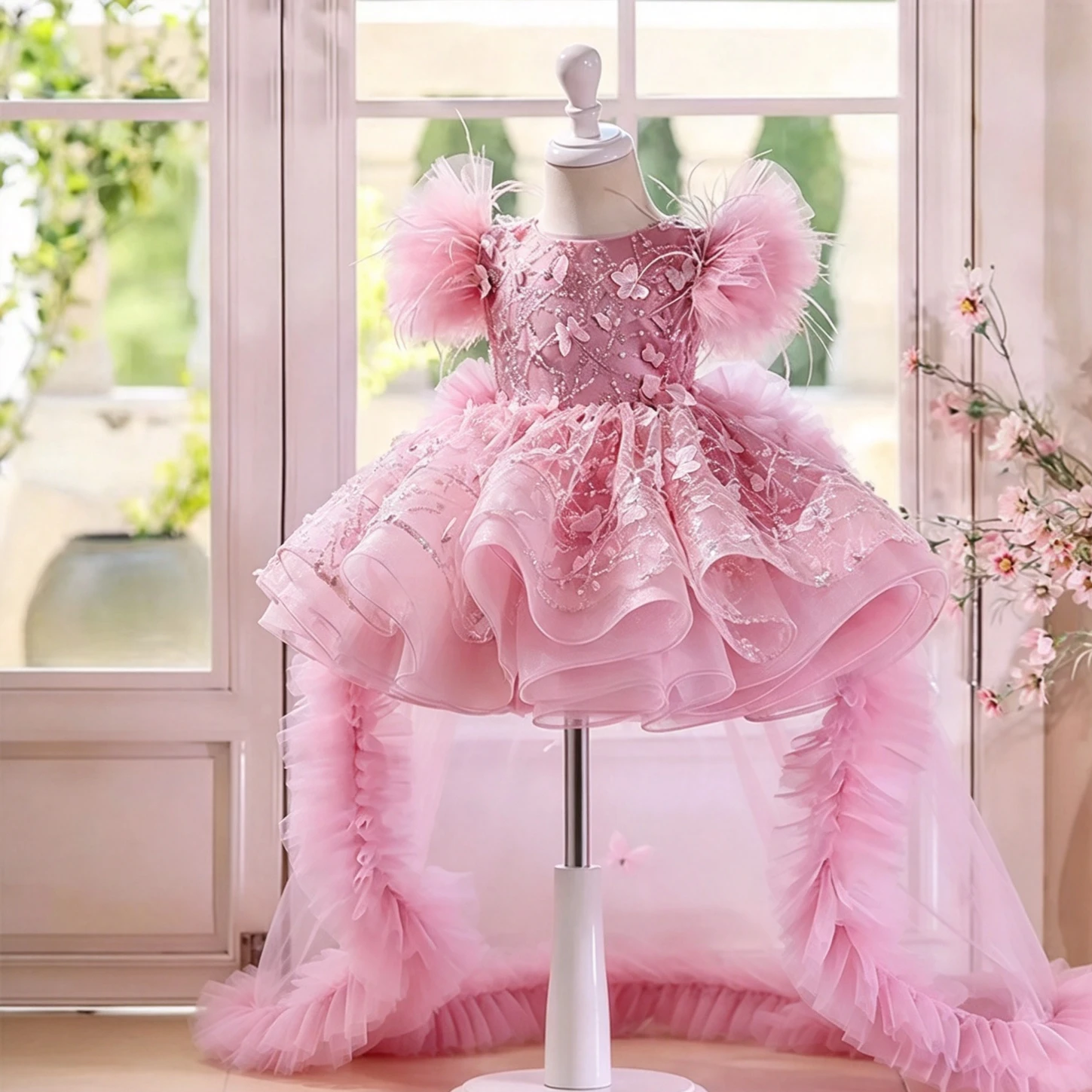 Customized Flower Girl Dress For Wedding Glitter Appliques Sleeveless Knee Length Luxury Kids Birthday First Communion Gown