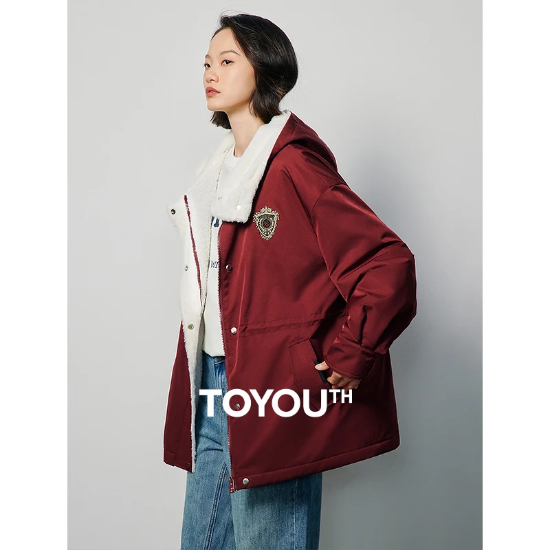 

Toyouth Women Thick Coat 2023 Winter Long Sleeve Loose Hooded Jacket Academy Style Badge Fashion Warm Versatile Wine Red Tops