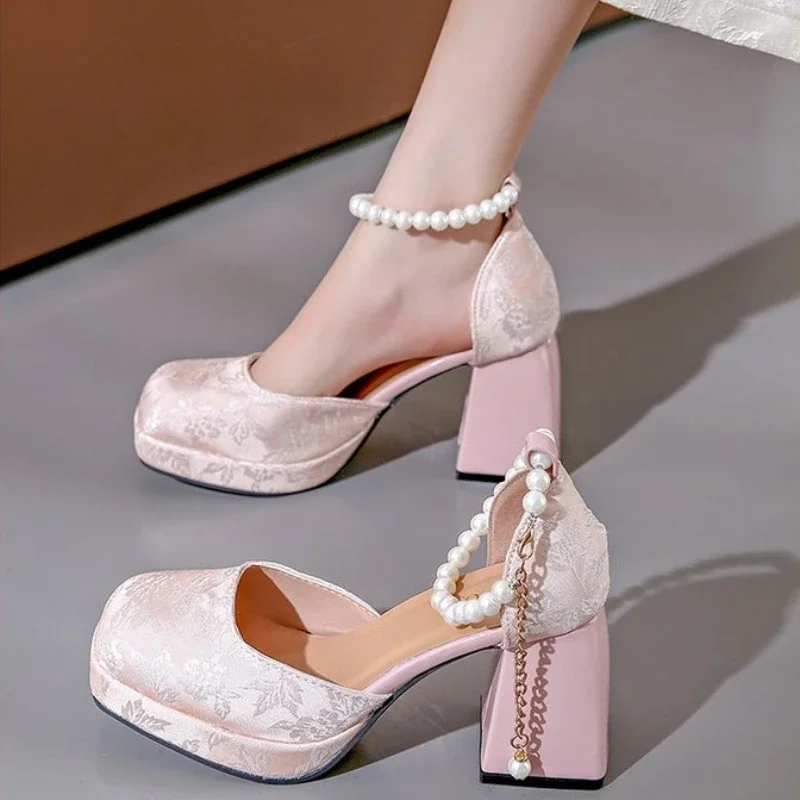 2024 New Silk Wedding Party Women Pumps Sandals Punk Style Platform Buckle Strap Thick Square High Heels Shoes