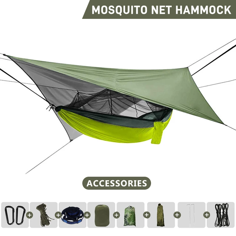 Double Camping Hammock com Mosquiteiro e Rain Fly Tarp, Lightweight Parachute Hammocks para Viagens, Caminhadas, Outdoor, 260x140cm