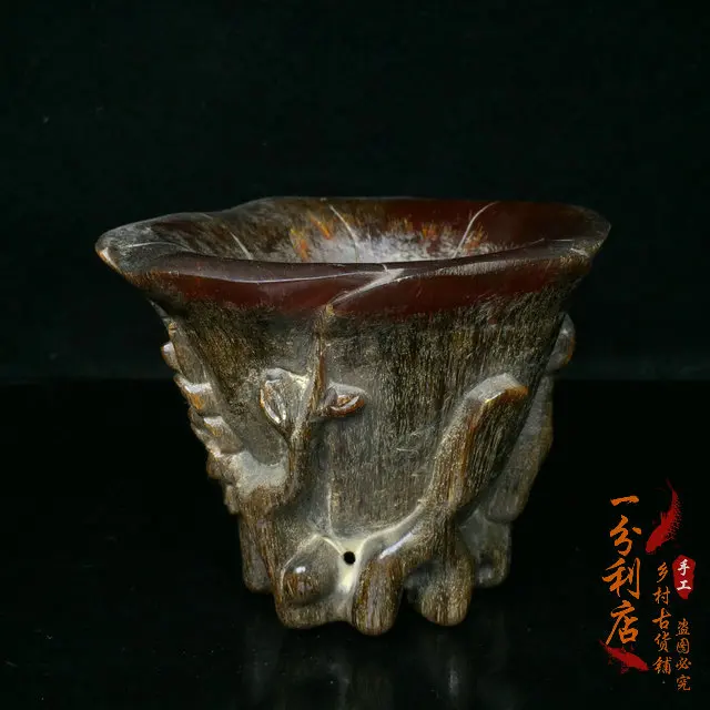 Tibetan old cow horn cup ornament original horn hand-carved plum blossom cup retro Year of the Tiger home old Tibetan decoration