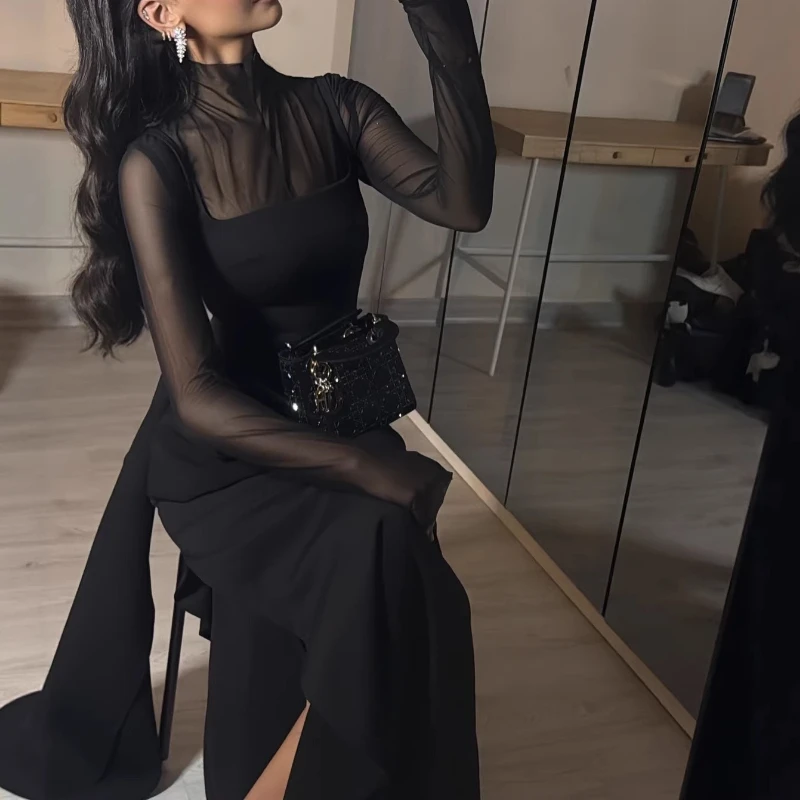 

2026 Spring Temperament Sexy Solid Color Semi-turtleneck Perspective Mesh Splicing Long Sleeve Dress Women