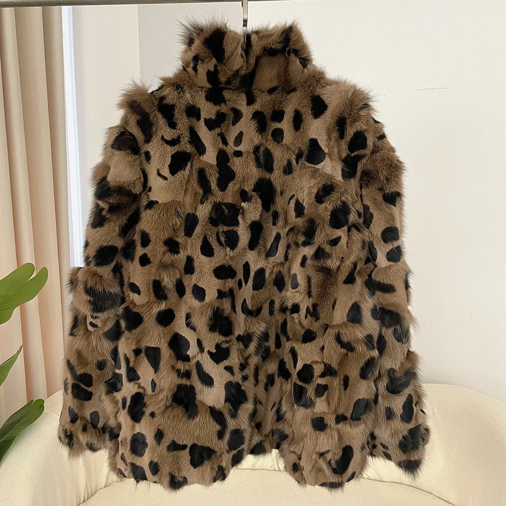 (Fox Beauty) New Fur Coat for Women with Leopard Print, Real Fox Leg Fur, Warm and Fashionable Fur Coat