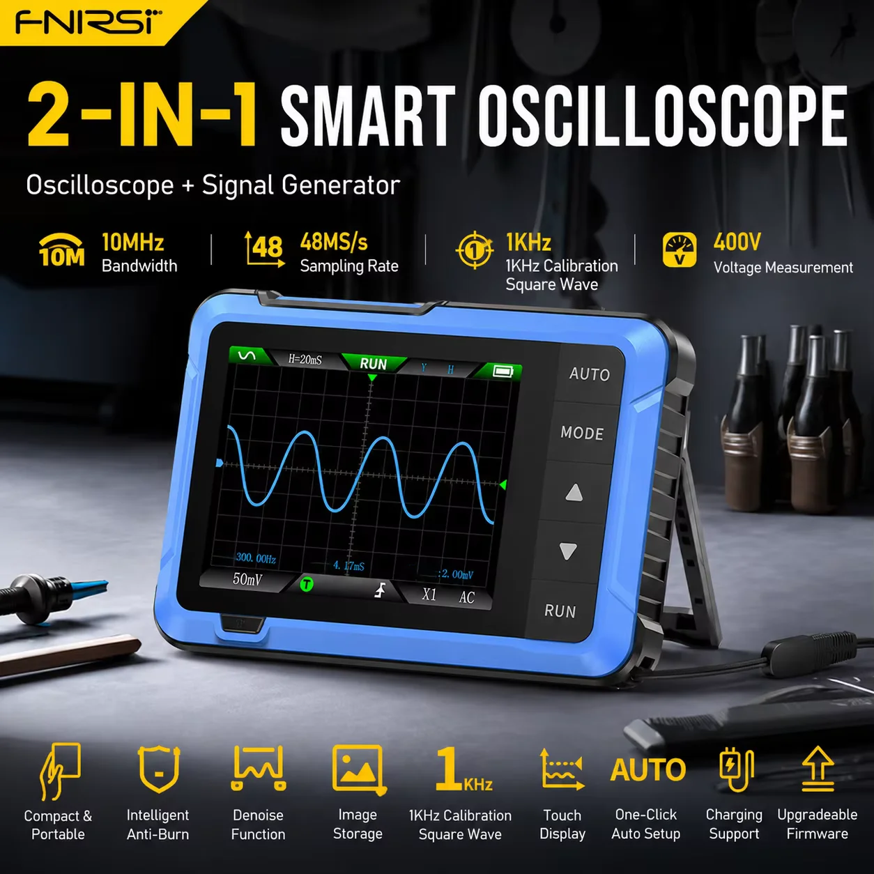 FNIRSI New DSO510 2IN1 Mini Handheld Digital Oscilloscope Signal Generator 10MHz 48MS/s Sampling Rate Electronic Repair Tool