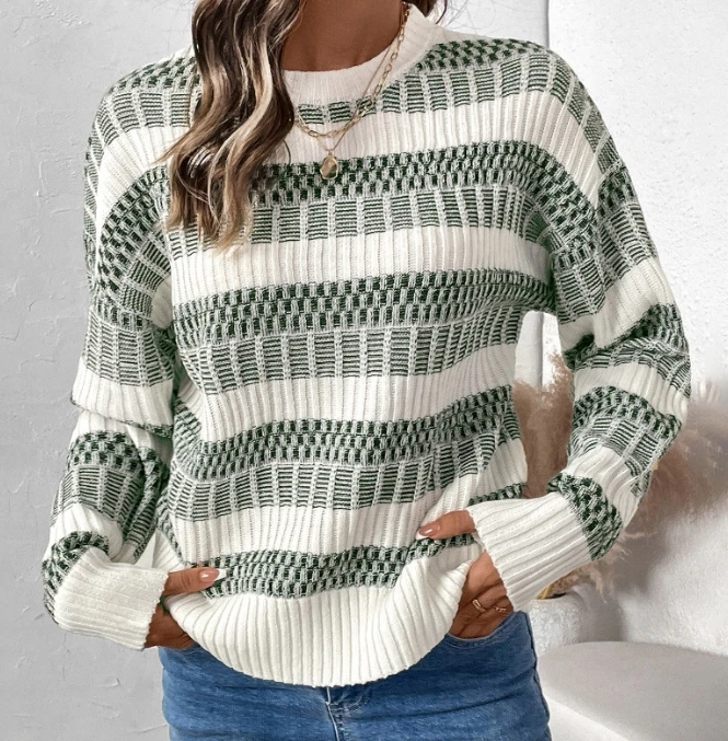 Fashion Casual Striped Contrasting Long Sleeves Sweater for Women Casual Long Sleeve T-Shirt