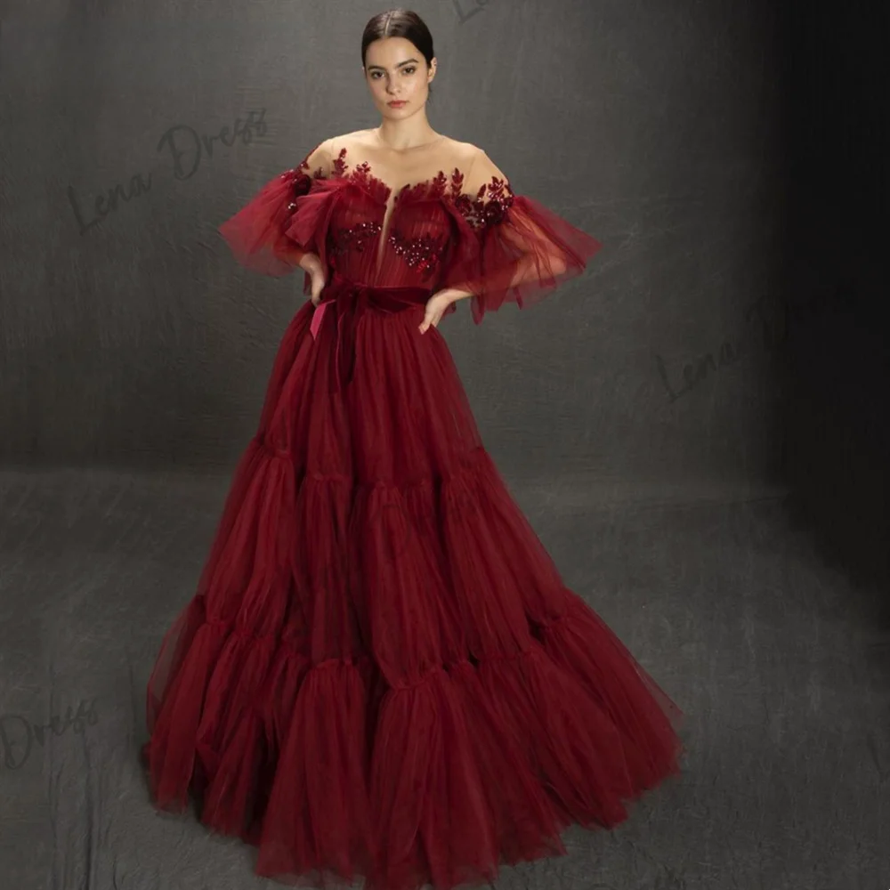 Lena Round Neck Evening Dresses Woman Elegant Party Dresses 2024 Chiffon Line A Claret Layered Gala Dress Es  Prom