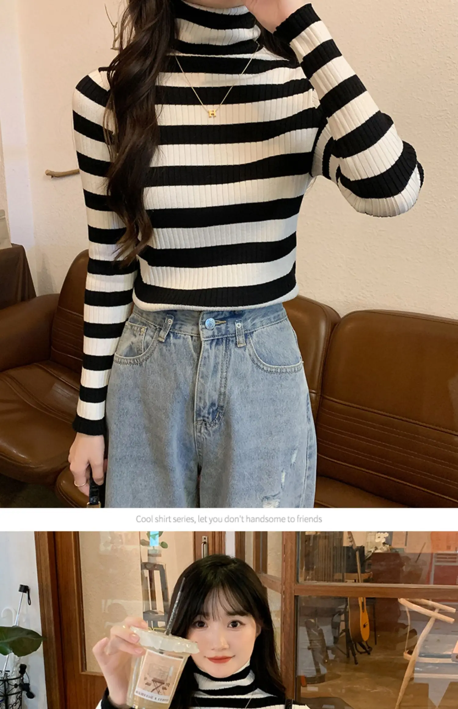 Women's High-Necked Striped Undershirt Sweater