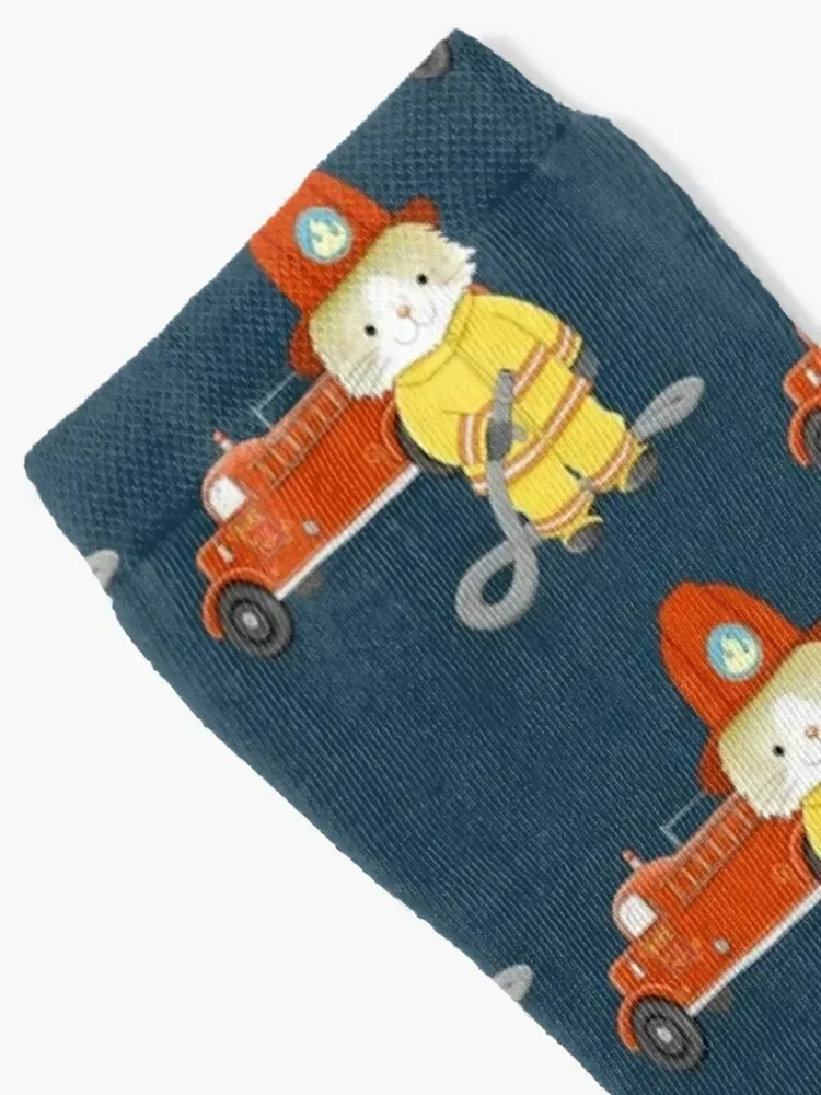 Fireman Cat with a Firetruck Socks winter colored short Ladies Socks Men's