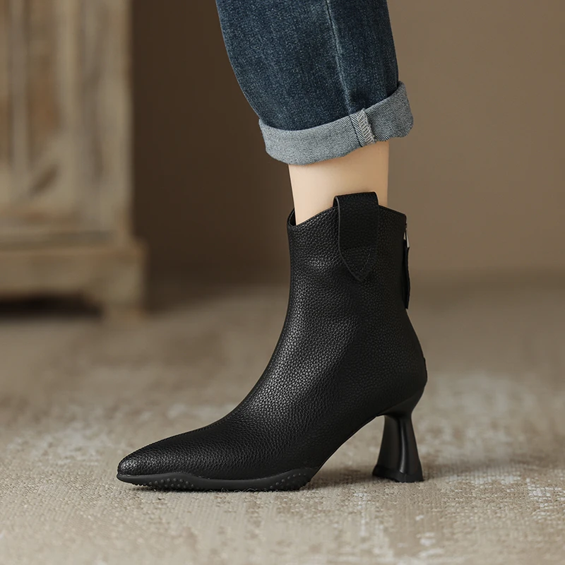 2024 Autumn Women Boot Split Leather Short Boots for Women Fashion Pointed Toe High Heels Winter Ladies Shoes Chelsea Grey Shoes