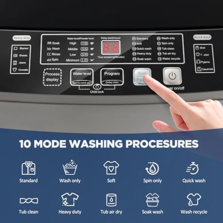 Mesin Cuci Portabel 17.6Lbs Otomatis Penuh dengan Pompa Pembuangan, 10 Program Cuci dan 8 Tingkat Air, Layar LED