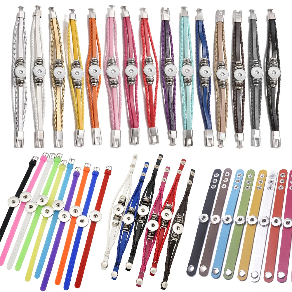 10pcs mixed Colorful Braided Rope Wrap Pu Leather Rope silicone snap bracelets charming fit 18mm snap buttons DIY jewelry Women