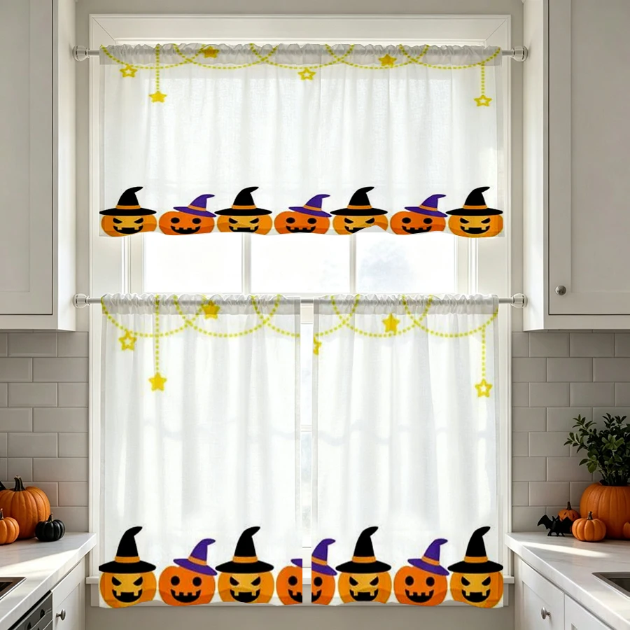 Halloween Fall Kitchen Curtains, Pumpkin Witch Hat Star, Digital Print, Kitchen Dining Room, Rod Pocket Polyester, Home Decor