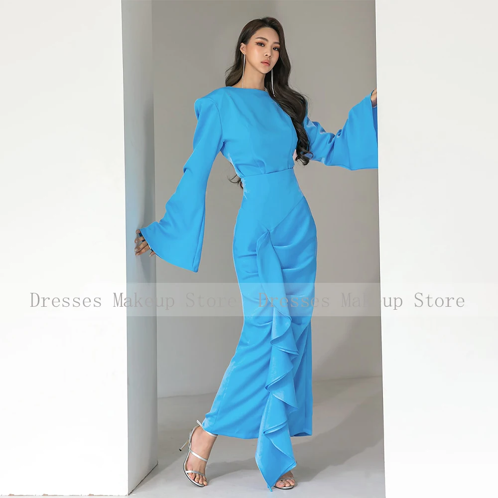 فساتين حفلة موسيقية أنيقة للنساء ، أكمام طويلة ، غمد رقبة دائرية ، فساتين أعمدة ، طول الكاحل ، كشكشة ، فستان حفلات أزرق فاتح ،