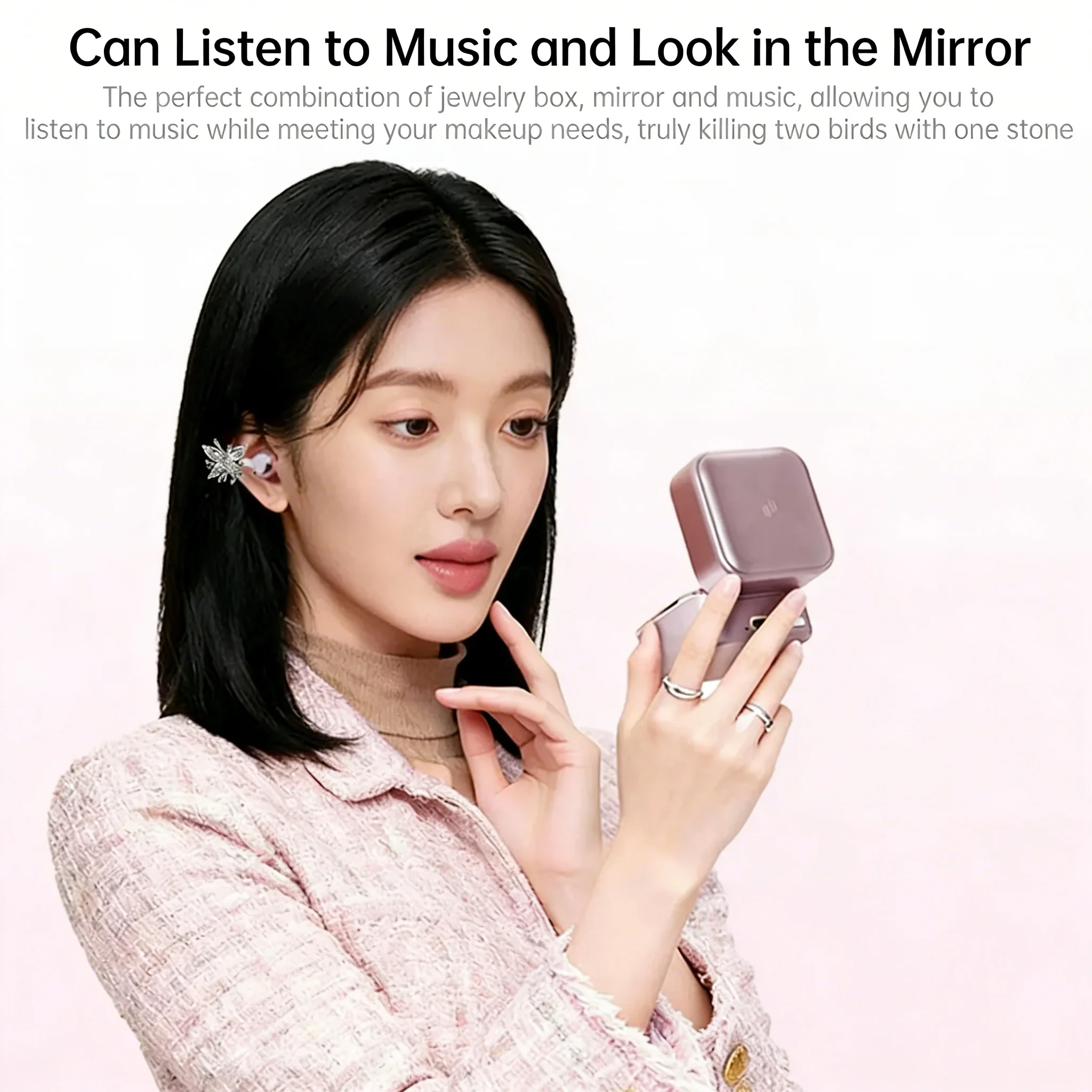 

Jewelry Box Wireless Ear Clip Earbuds With Makeup Mirror Fill Light Butterfly Earrings Accessories Bluetooth 6.0 For Women Gift