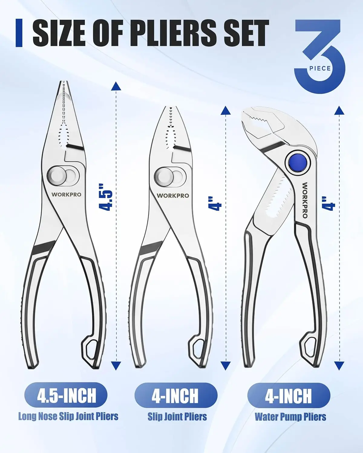3PCS WORKPRO Mini Pliers Kit, 4" Slip Joint Plier & 4" Water Pump Plier & 4.5" Long Nose Slip Joint Plier, Versatile Use Tools