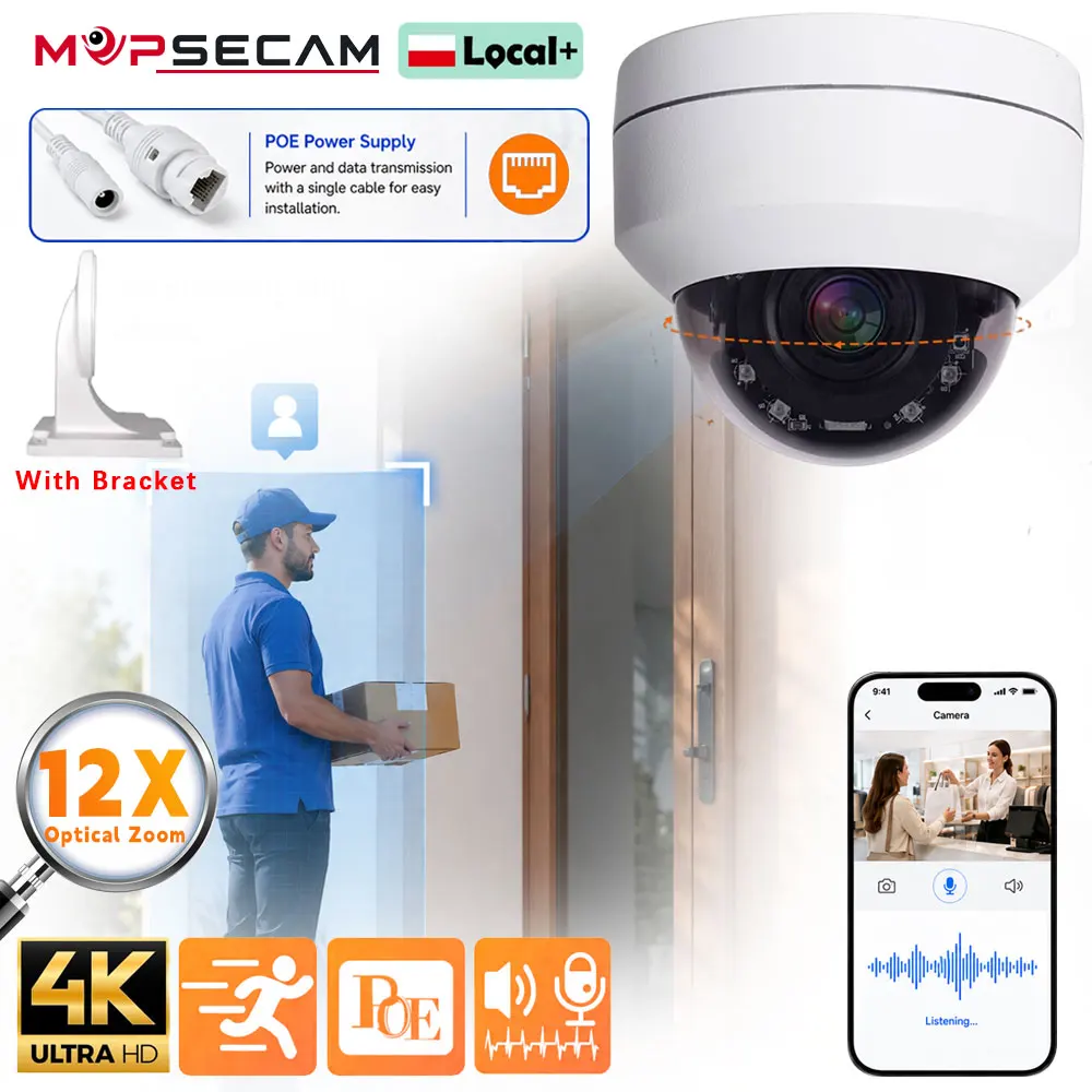 4K 8MP PoE PTZ Sicherheitskamera 12-fach optischer Zoom 360° °   Herr 90 °   Neigbare Outdoor-Dome-IP-Kamera mit Audioaufnahme, Bewegungserkennung, Fernzugriff, H.265, ONVIF, Nachtsicht,