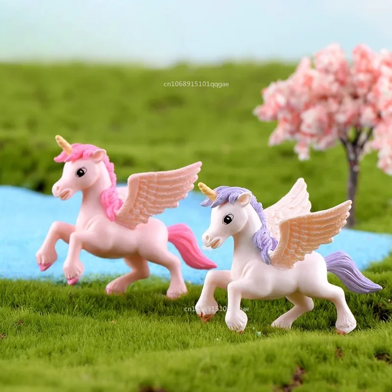 Miniature Unicorn Pegasus Rainbow Figure Girl Woman Angel Wings Figurines Ornament Home Decoration Accessories  Fairy Garden