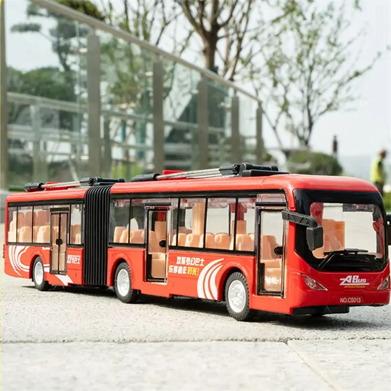 Electric Tourist Traffic Trackless Bus Alloy Passenger Car Model Metal Double Section City Bus Model Sound Light Kids Toys Gifts