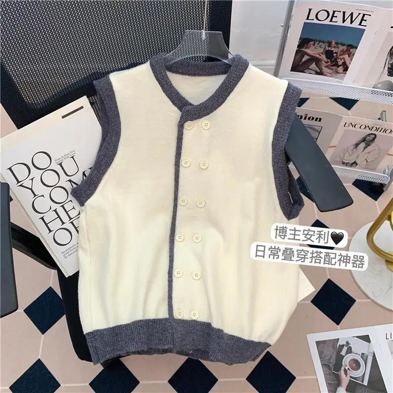 Knitted Vest Sweater Women's Contrasting Colors Double Breasted Korean Style 2023 Autumn Winter New Tank Soft Comfortable Top