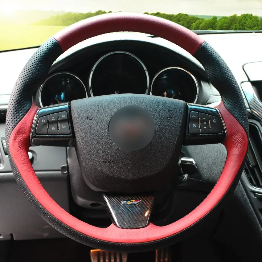 Hand-Stitch Non-slip Black Red Genuine Leather Car Steering Wheel Cover for Cadillac CTS 2008-2013 Interior Accessories