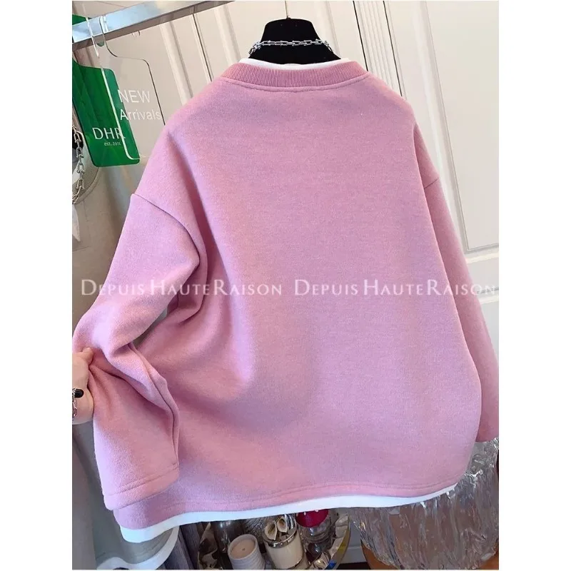 Women's Spliced Solid Color Round Neck Pullover Long-sleeved Fake Two-piece Sports Sweatshirt Bottoming Shirt Loose Top