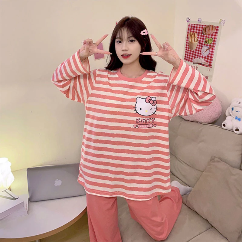 

Sweet Hello Kitty Girls Striped Pajamas Cinnamoroll Pochacco Anime Autumn Cartoon Cute Long Sleeve Top Women Tide Gift for Kids