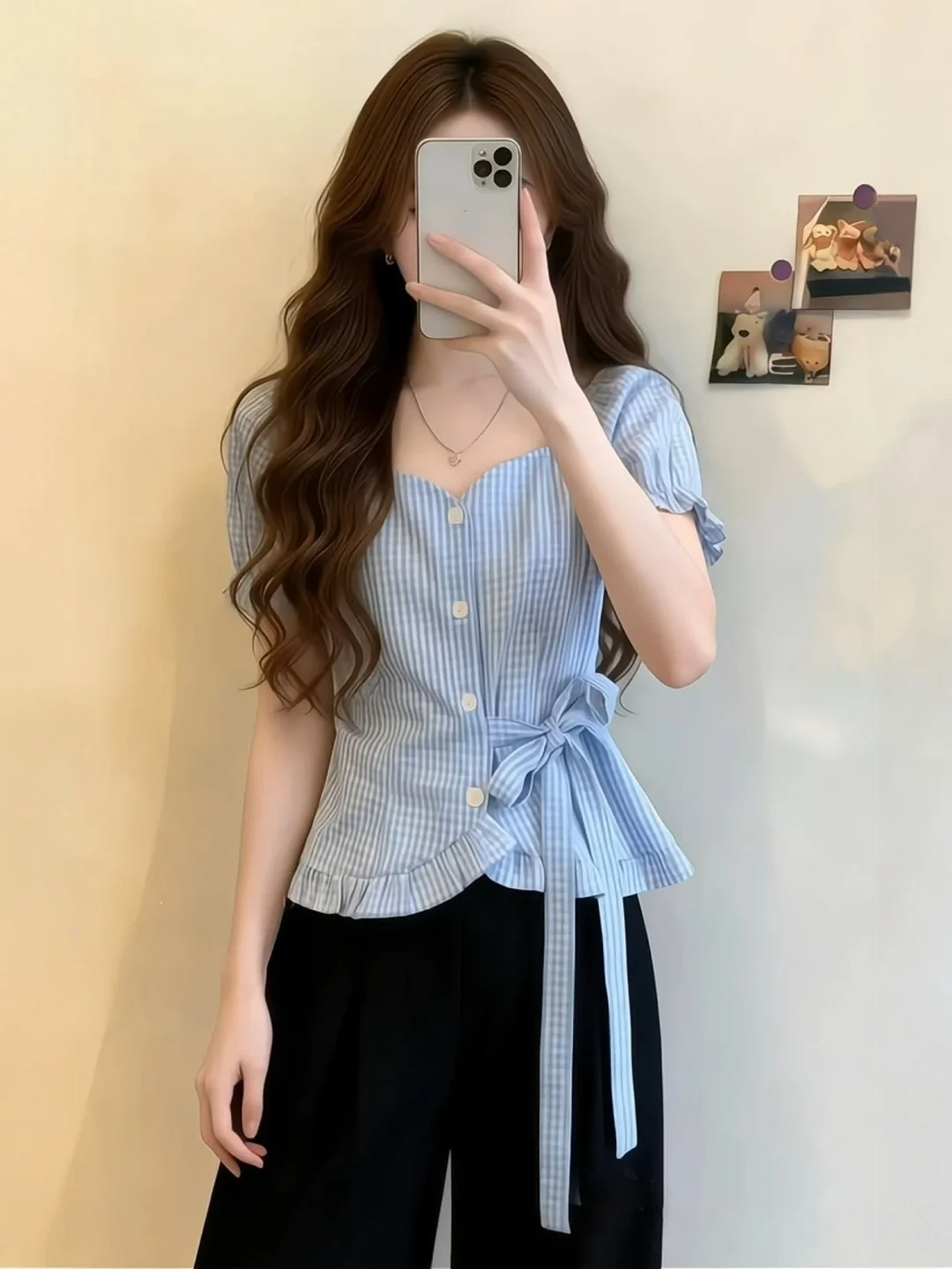 

Korean Style Blue Plaid Shirt Women's Summer plus Size Slimming Design Belted Short Sleeve Square Collar Top for Teen Girls