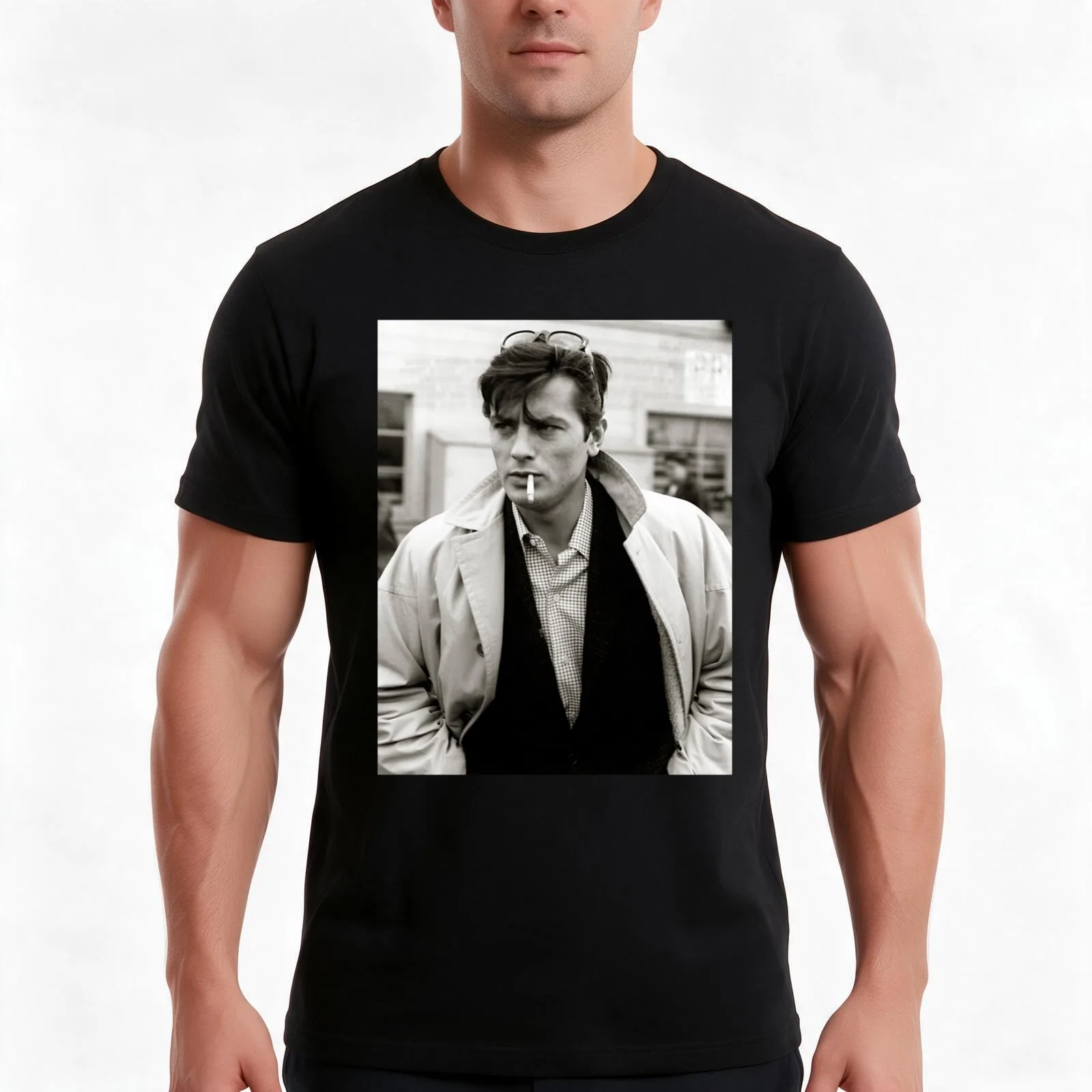 Alain Delon smoking cigarette Classic T-Shirt, Summer Casual Cotton Tee, Oversized Streetwear Tops, Vintage Graphic Print