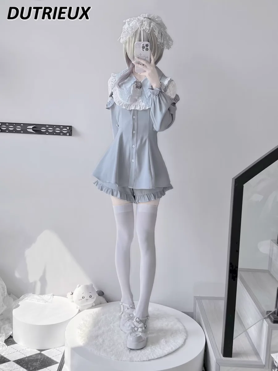 اليابانية الحلو الألغام القوس كشكش الدانتيل الربط الخصر التخسيس كم طويل مطوي فستان و طماق السراويل قطعتين مجموعة #4