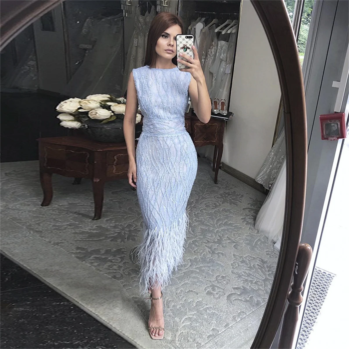 Customized Elegant Light Blue Lace Midi Evening Dress With Feathers Sequin Beading Women Formal For Prom Party Vestidos De Mujer