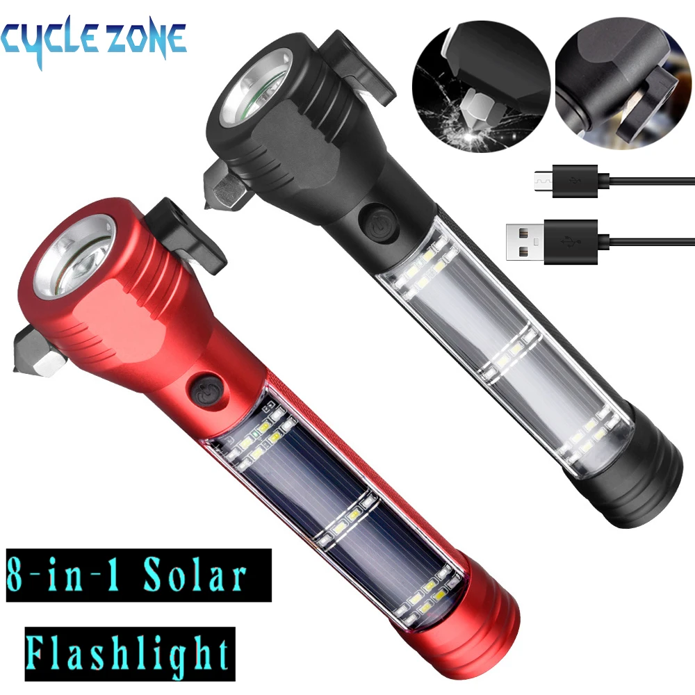 

8-in-1 Self Defence Flashlight Rechargeable with Magnetic Cutter Safety Hammer Torch Built-in 18650 Battery Solar LED Flashlight