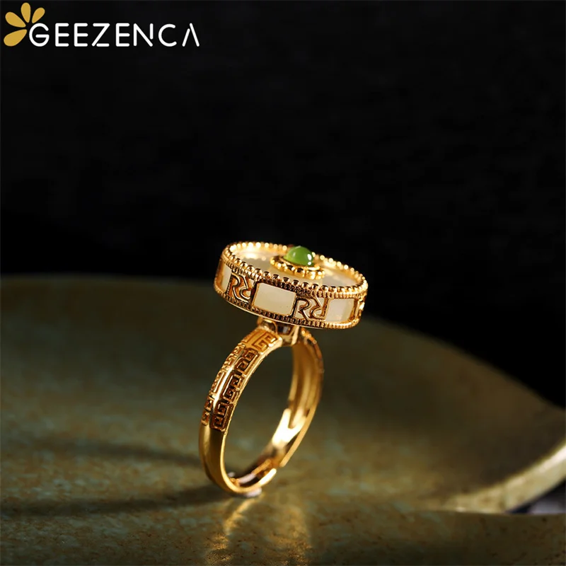 GEEZENCA 925 Sterling Silver Gold Plated Natural Jade Rotating Rings For Women Vintage Luxury Gemstone Lucky Ring 2022 New Trend