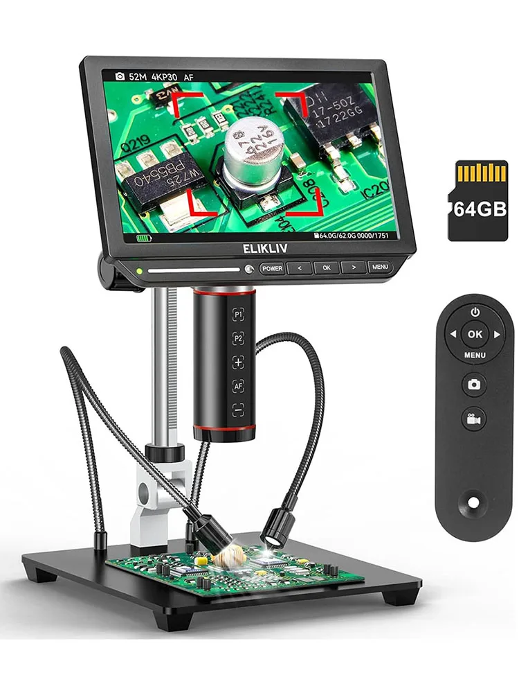 Elikliv EM4K-AF 4K Digitalmikroskop mit Autofokus 2000x 8" HDMI Löt-Mikroskop für Elektronikreparaturen mit 10" Ständer